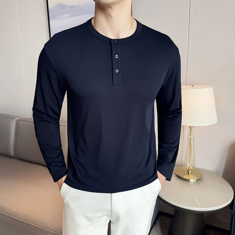 เสื้อลายคอปอมมีกระดุมแขนยาวสำหรับผู้ชาย สีทึบ/ลายปลามินิMALA