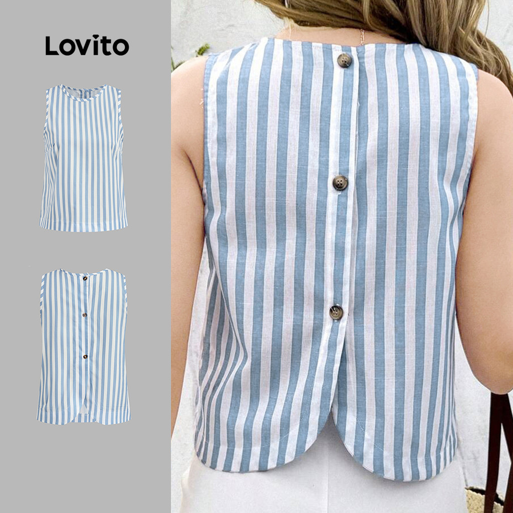Lovito เสื้อกล้ามลายทางลําลองฤดูใบไม้ผลิ/ฤดูร้อนสีฟ้าและสีขาวสําหรับผู้หญิง L135A2D501