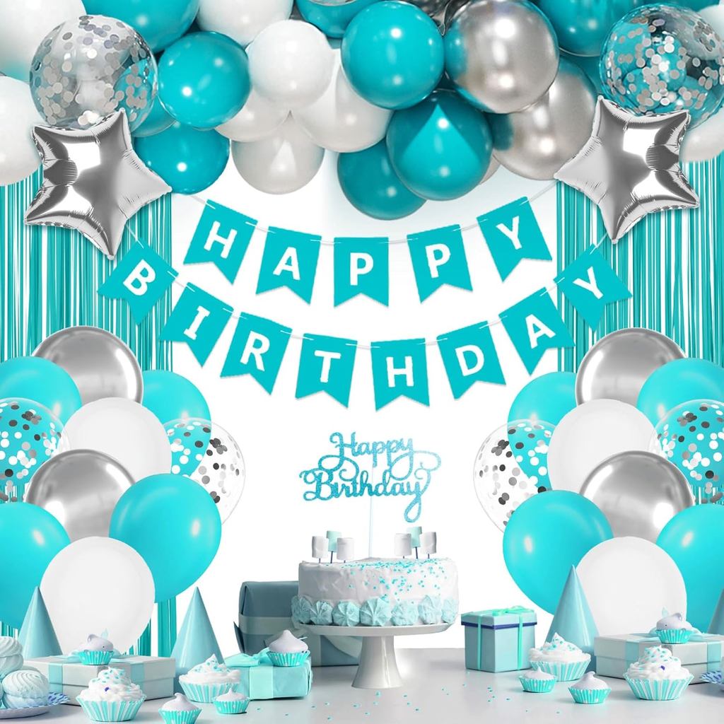 ตกแต่งวันเกิด Teal สําหรับผู้หญิงสีขาวเงิน Teal บอลลูนแบนเนอร์วันเกิดแฮปปี้ Teal Fringe ผ้าม่านสําหร