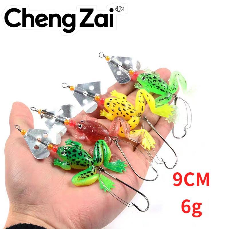 Cheng Zai ฟ้อกบ 9cm/6g จำลองบิโอนิก สีดำ บล็อกหมุนระเบิดน้ำ ขาเป็นคู่ ตกปลาดอมัน/สเนกเฮด