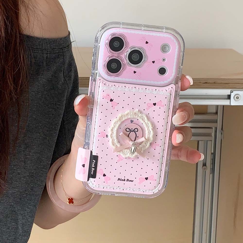 17โปรแม็กซ์ เคสโทรศัพท์หนังลายโบว์สีชมพูน่ารักเข้ากันได้สําหรับ ไอโฟน 16โปรแม็กซ์ 15โปรแม็กซ์ 13 14โ