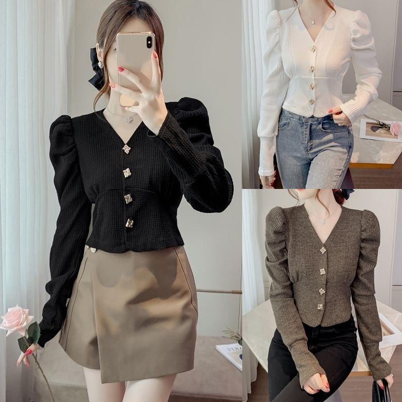 Dahong 💖 เสื้อแขนยาวผู้หญิง คอวี Chic Western สไตล์เอว Slimming สั้นสไตล์ฝรั่งเศสพัฟแขนเสื้อ สไตล์เกาหลี  99255