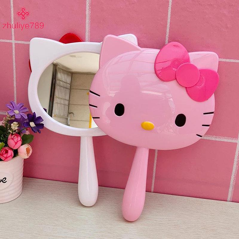 SANRIO <zhuliye789>การ์ตูนSanrio Hello Kittyกระจกแต่งหน้ามือถือKt Cat Handle Make UpกระจกสาววันเกิดN