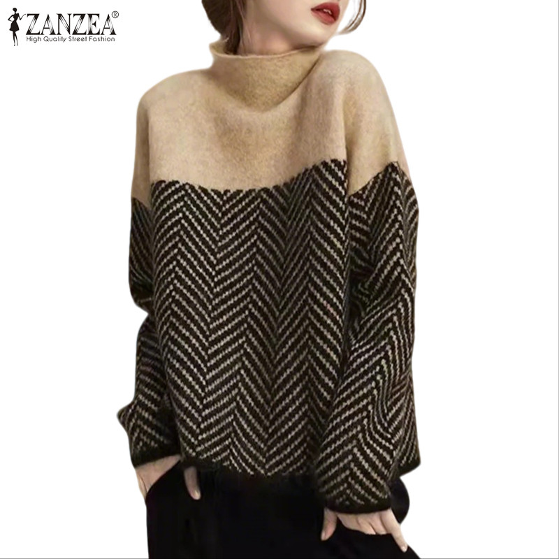 ZANZEA เสื้อยืดผู้หญิง สไตล์เกาหลี ลายพิมพ์ คอสูง แขนยาว เย็บประณีต