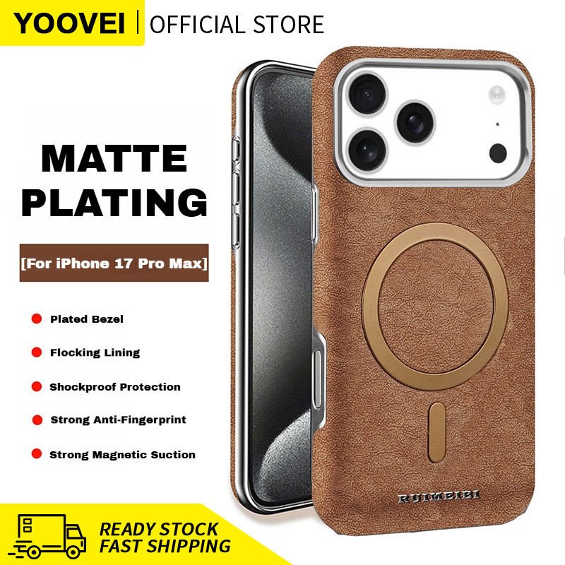 YOOVEI เคสหนังสําหรับ iPhone 17/16/15/14 Pro Max Slim Magnetic Case สีน้ําตาล, ใช้งานร่วมกับชาร์จไร้สาย, iPhone 16 Pro Max ฝาครอบกันกระแทก Flocking Lining Soft Texture