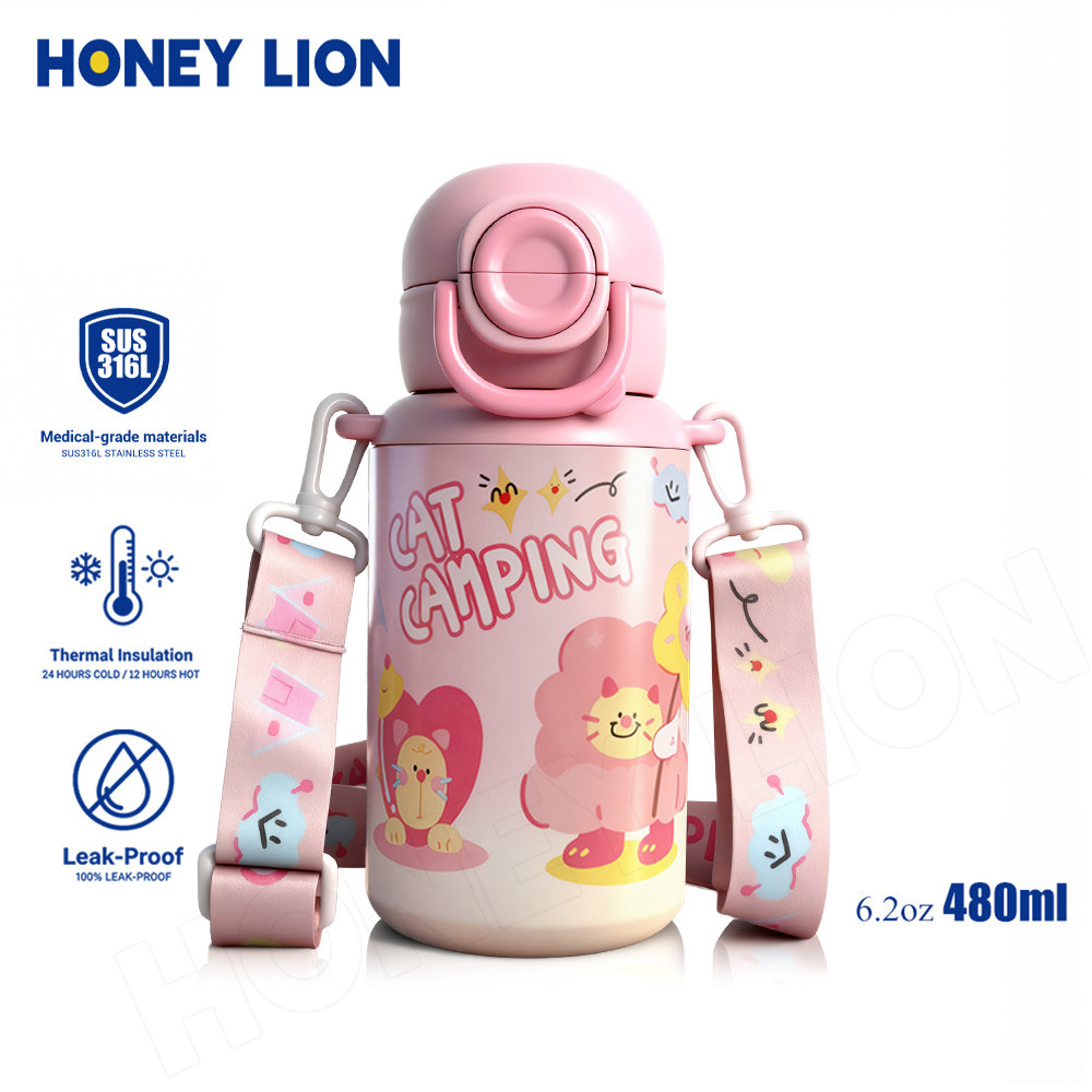 HoneyLion กระติกน้ำ การ์ตูนสัตว์ 480ml กันรั่ว เก็บความร้อน-เย็น - 2 วิธีดื่ม เปิดปิดหนึ่งกด มีสายคล้อง สีลูกอมน่ารัก