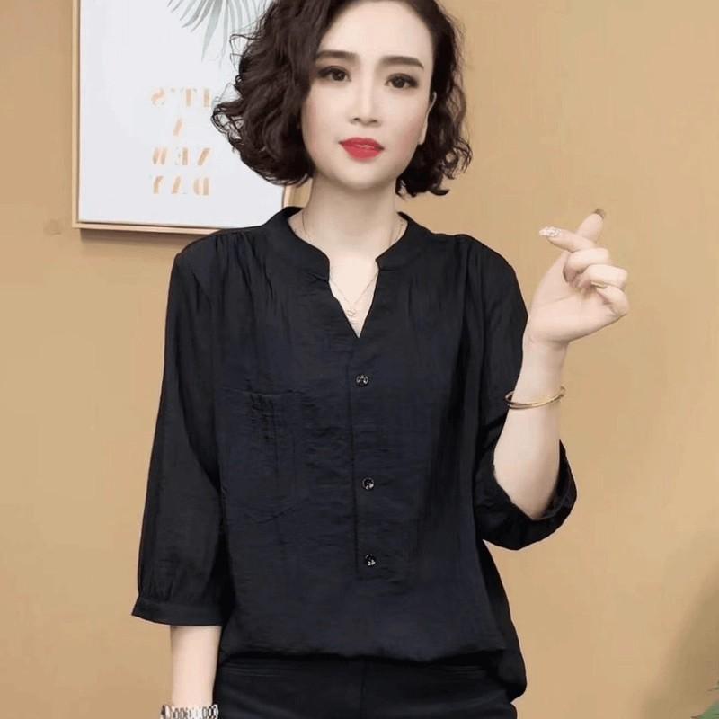RedBerryเสื้อยืดคอวีแขนสั้นผ้าฝ้ายลินินแฟชั่นสำหรับคุณแม่ เสื้อแขนสามส่วนลำลองสำหรับฤดูร้อนW681