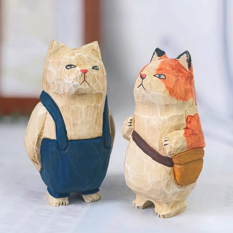 Handcrafted wood carving Home decorations desk accessories room decor Handmade Vintage cat statue Ha