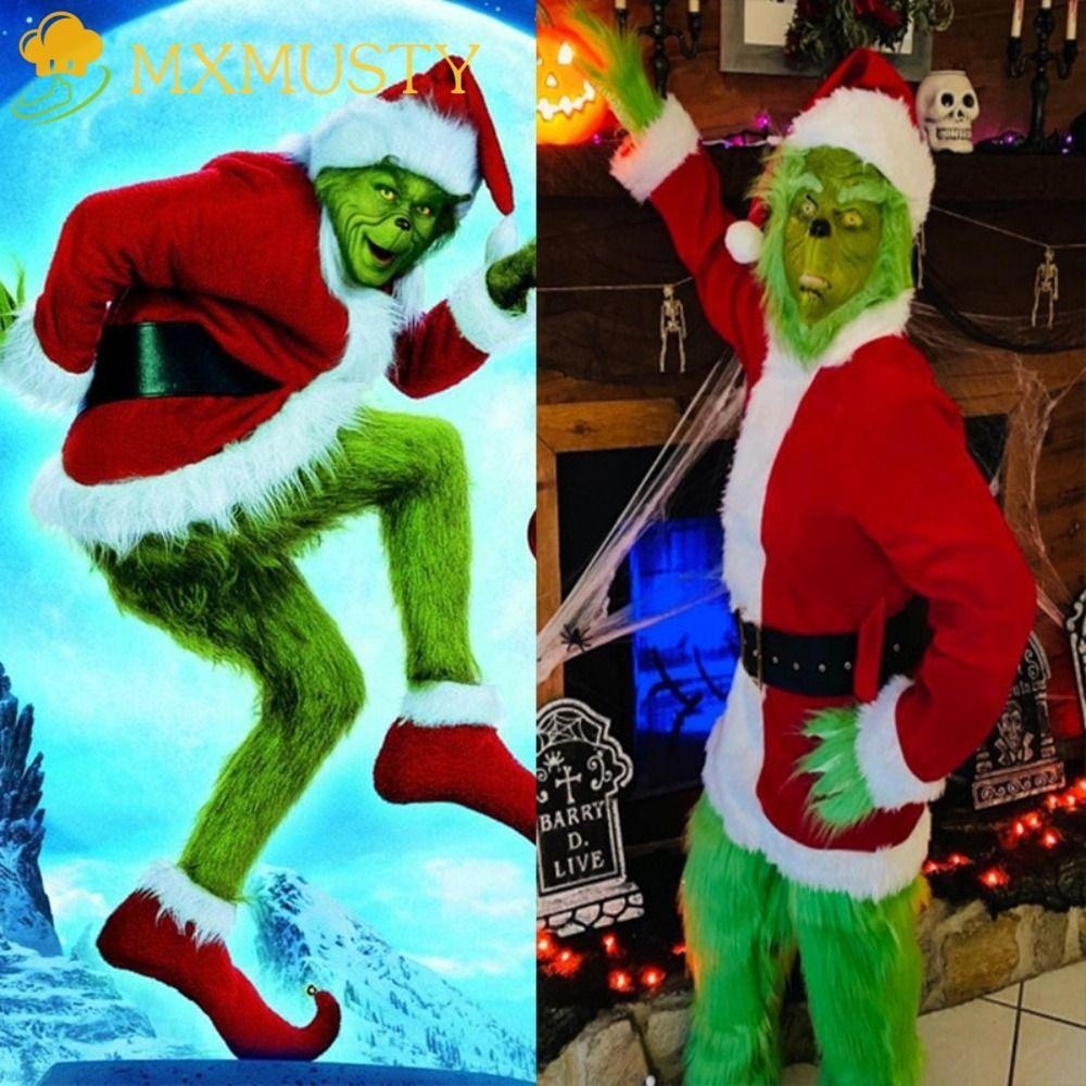 MXMUSTY Green Grinch And Santa Claus Animation Theme Costume With Mask And Gloves Christmas Show Lat