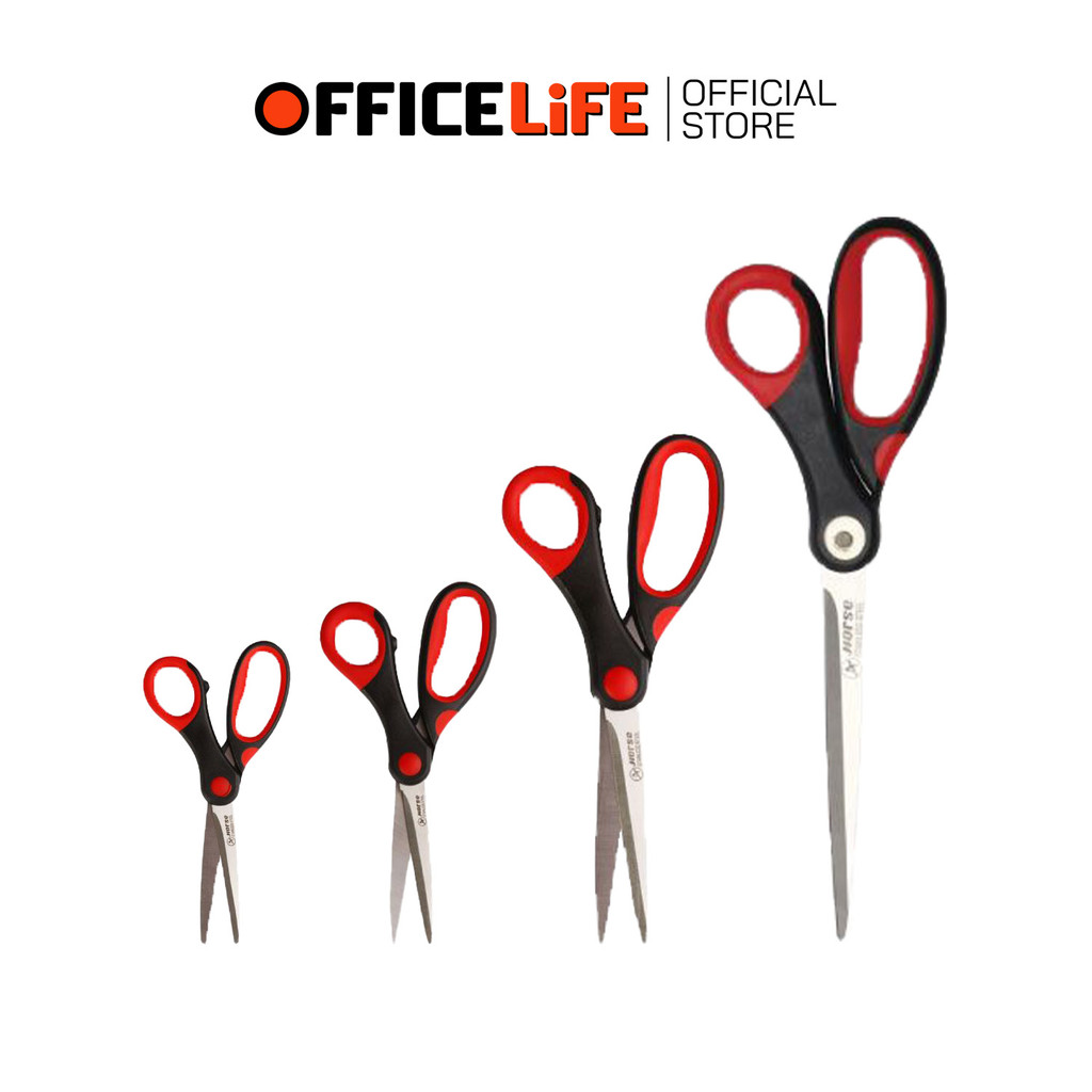 Horse (ตราม้า) กรรไกรสแตนเลส ด้ามจับเป็นยางนุ่ม ดำ-แดง รุ่น H-2306 H-2307 H-2308 H-2309 Soft Handle 