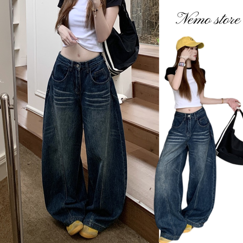 Nemo store🌸#NZ9036 กางเกงยีนส์ขายาวทรงกระบอกใหญ่ เอวสูง สีน้ำเงินเข้ม