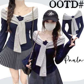 Paula พร้อมส่ง🌴เสื้อสตรีปาดไหล่แขนยาว🌴2 in 1 ลายทางสีกรม ไปคาเฟ่ เรียบหรู ครอปเข้ารูป สไตล์เกาหลี แฟชั่นใหม่ล่าสุด
