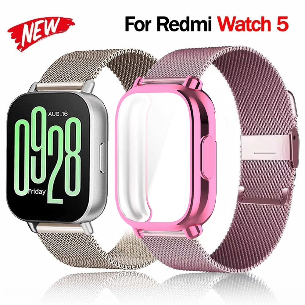 กรณี + โลหะสําหรับ Xiaomi Redmi นาฬิกา 5/3 Active & Lite สายคล้องสร้อยข้อมือสแตนเลสสําหรับ Mi Watch 5 3 Active Lite ป้องกันหน้าจอฟิล์มอุปกรณ์เสริม
