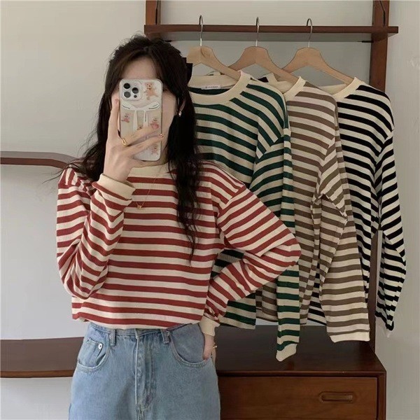 เสื้อสเวตเตอร์ถักคอกลมสำหรับผู้หญิง aiiz cardigan เสื้อตัวในผ้าถักแขนยาวลายทางคอกลมสำหรับฤดูใบไม้ร่ว