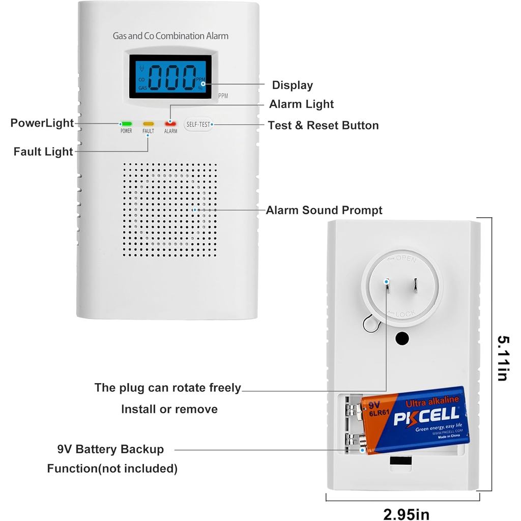2 Pack Combination Gas & Carbon Monoxide Detectors - Plug in CO Alarm & Natural Gas Detector with Di