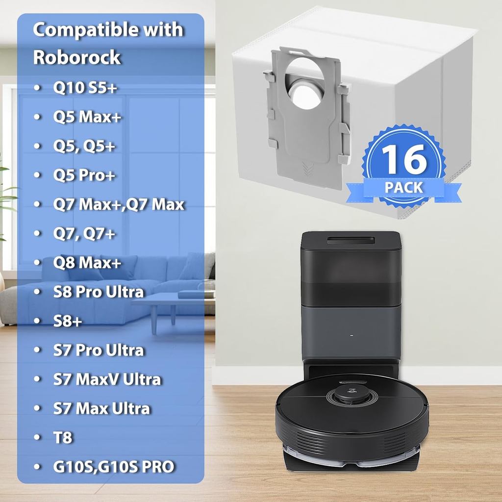 16 Pack Q7 Q5 Dust Bag for Roborock Q7 M5+, Q10 S5+/Q10 X5+, S8+, S8 Pro Ultra, Q7 Max+/Max, Q5 Max+