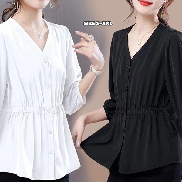 MIMI&DIDI#เสื้อเชิ้ตสีดำผู้หญิง ทรงหลวม พลัสไซส์ เสื้อเชิ้ตฤดูใบไม้ผลิ/ฤดูร้อน แขนสามส่วน ดีไซน์ซ่อนรูปร่าง#W683