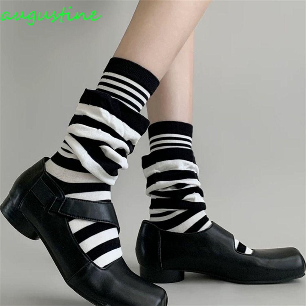Augustine 4 คู่ Ruffle Stripe Stocking ถุงเท้าพรางลายแพตช์เวิร์ค สำหรับผู้หญิง ให้ความอบอุ่นในฤดูใบไ