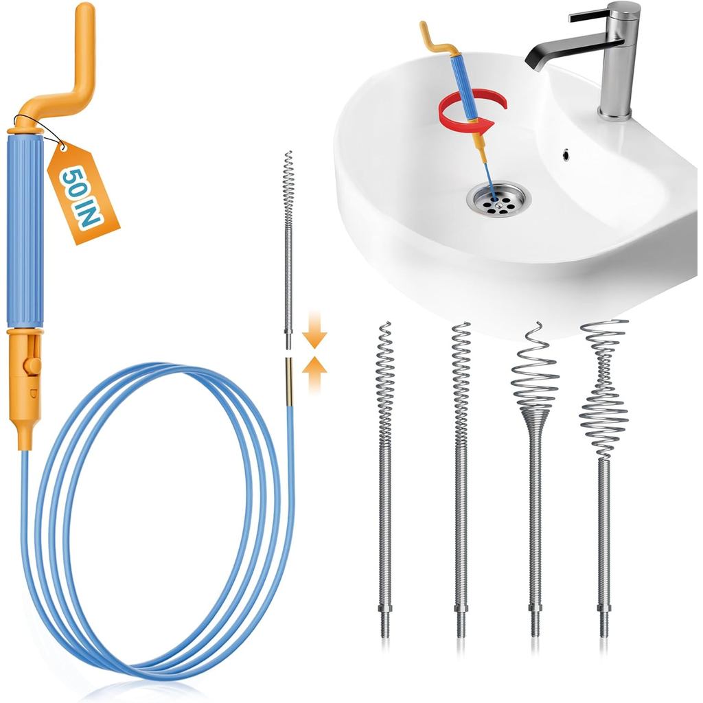 50 Inch(about 50 cm)Drain Snake Drain Clog Remover,Replaceable and Reusable Sink Snake,Attached 5 Sp