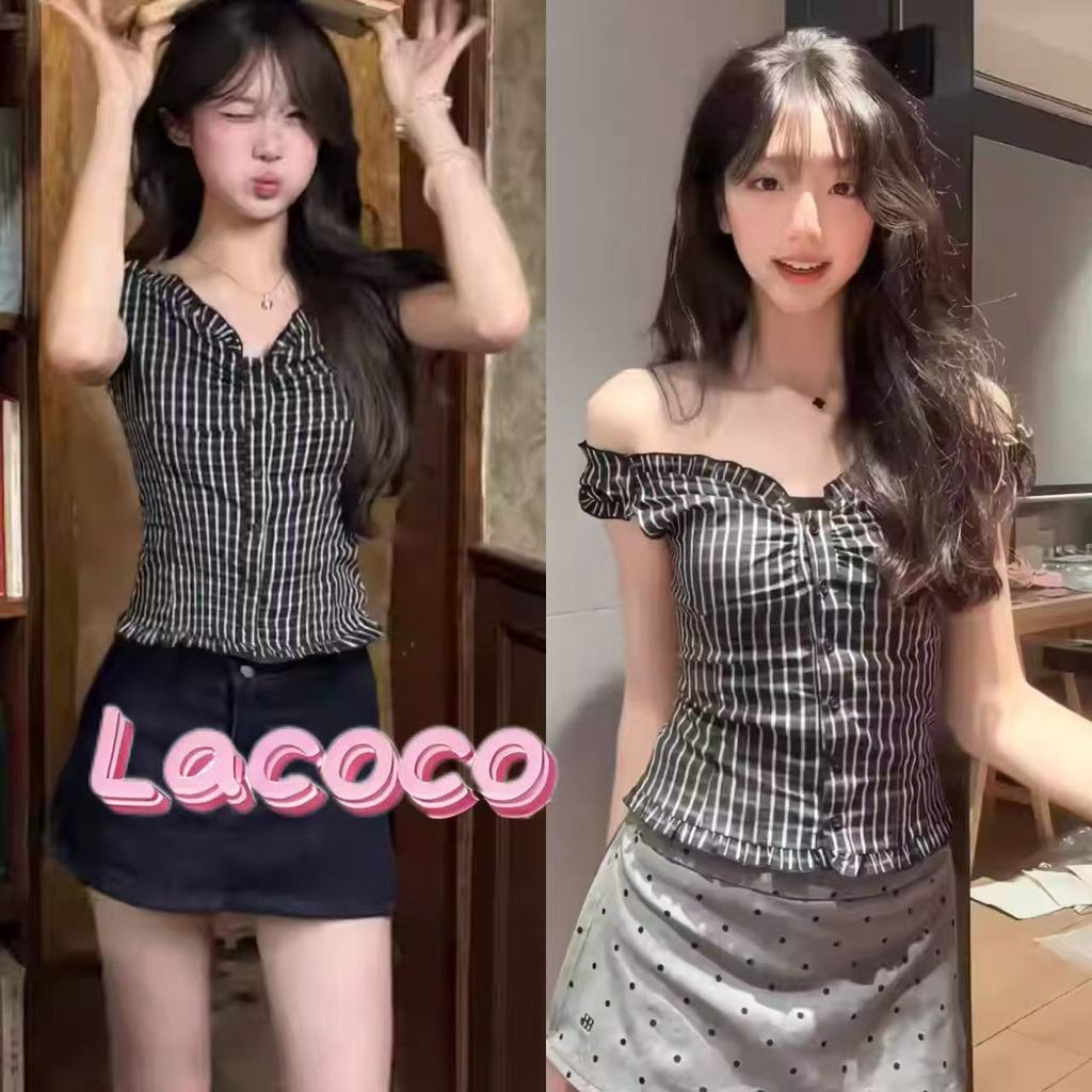 Lacoco🍓คลังสินค้าพร้อม🍓เสื้อเชิ้ตลายสก็อตสไตล์เกาหลี ทรงสาวฮอต แนวชิคๆ รัดเอว ทรงเข้ารูป ใส่สบายและดูอ่อนเยาว์
