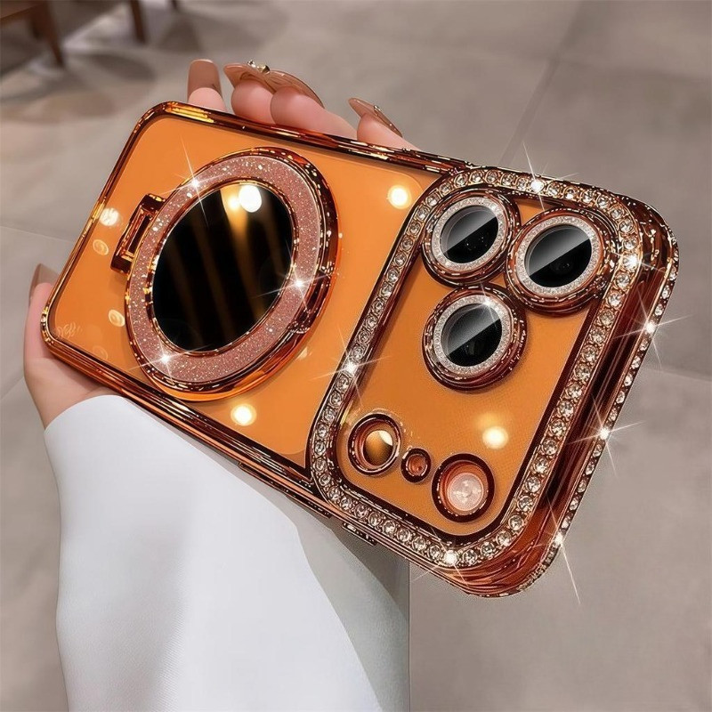 [กระจกพร้อมที่แต่งหน้า] แท่นชาร์จไร้สายแม่เหล็กชุบทองหรูหรา เคสโทรศัพท์ประกายเพชร เหมาะกับ iPhone 17 16 15 14 13 12 11 Pro Max Plus เคสกันกระแทกแบบใส ซิลิโคนอ่อน เคสหลังใส ปกป้องโทรศัพท์สวยงาม