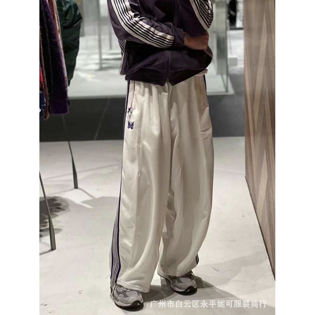 Needles track HD pants Embroidered Wide-Leg Pants White Loose Fit Sports Trousers