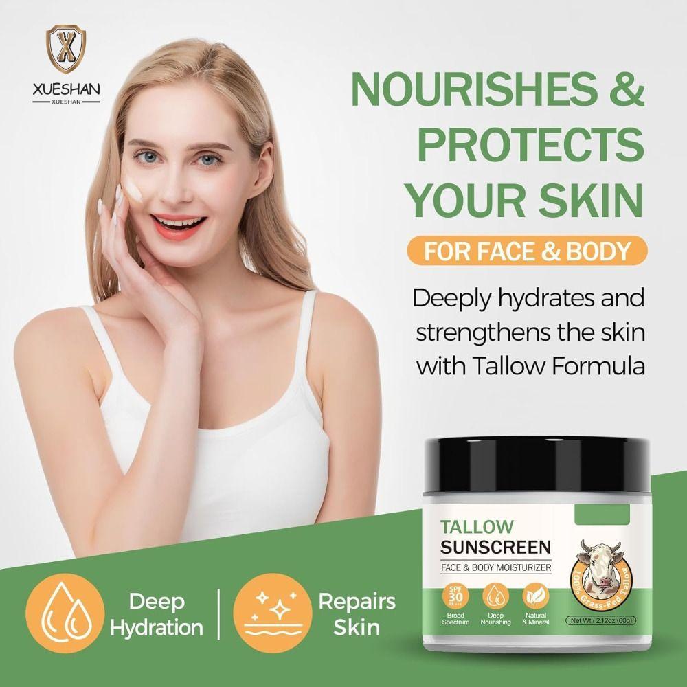 XUESHAN ครีมกันแดดแร่ธรรมชาติ, ครีมกันแดดปลอดสารพิษ SPF 30 Tallow, ให้ความชุ่มชื้นด้วย Zinc Oxide & 