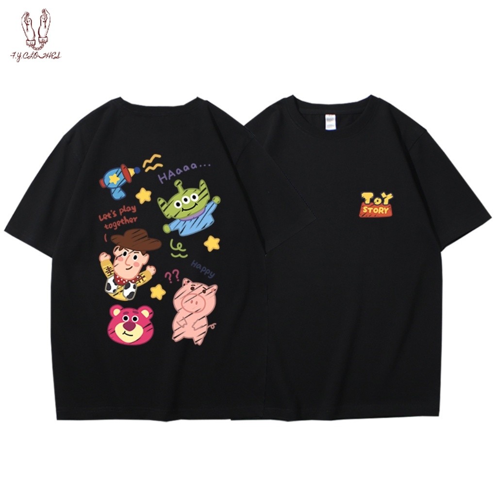 เสื้อยืดคอกลมทรงหลวม ผลิตจากผ้าฝ้ายเนื้อหนา พิมพ์ลาย Toy Story วัยรุ่น สีดำ สไตล์ลำลอง