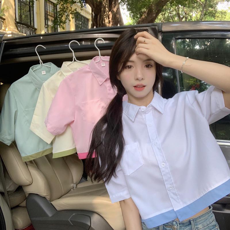 S-2XLเสื้อเชิ้ตสั้นสไตล์ย้อนยุคสีบล็อกฮ่องกง เสื้อแขนสั้นอเนกประสงค์และมีสไตล์สำหรับผู้หญิง