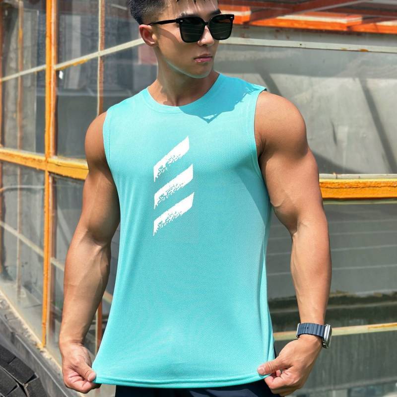Summer New Trendy Men's Pullover round Neck Quick-Drying Breathable Mesh Style for Sports Fitness Wa