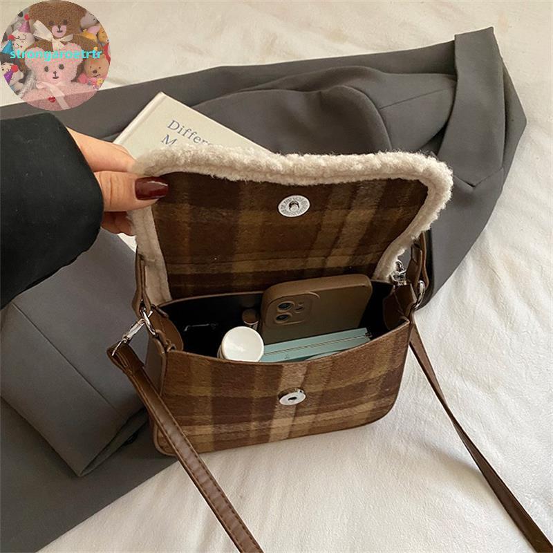 Strongaroettr น่ารัก Retro ลายสก๊อตขนสัตว์ Tote กระเป๋าสาว, แฟชั่นช้อปปิ้งกระเป๋าน่ารักพิมพ์ Crossbody กระเป๋าสะพายของขวัญ TH