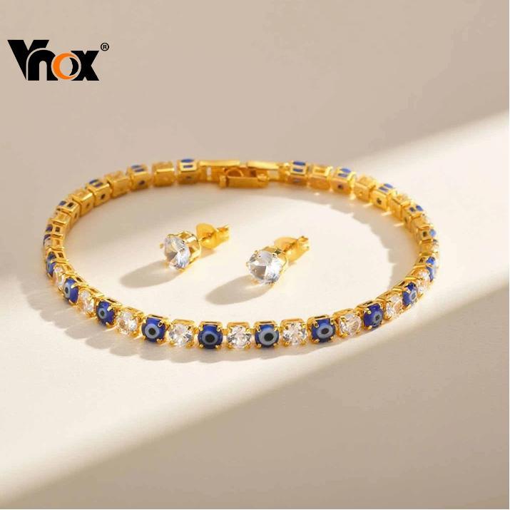 Vnox 2pcs Earrings Bracelet Set for Women Girl,Devil's Eye Zircon Bracelet Stainless Steel Six-Prong Zircon Earrings 4MM