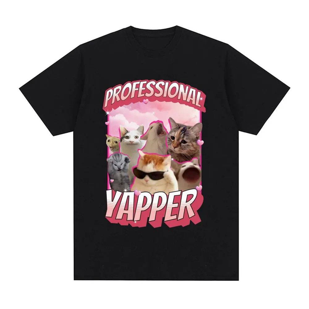 2025 t เสื้อสําหรับชายวาฟเฟิลเสื้อตลก Professional Yapper Meme แมวรูปแบบ Tshirt สตรีแฟชั่น Retro แขน