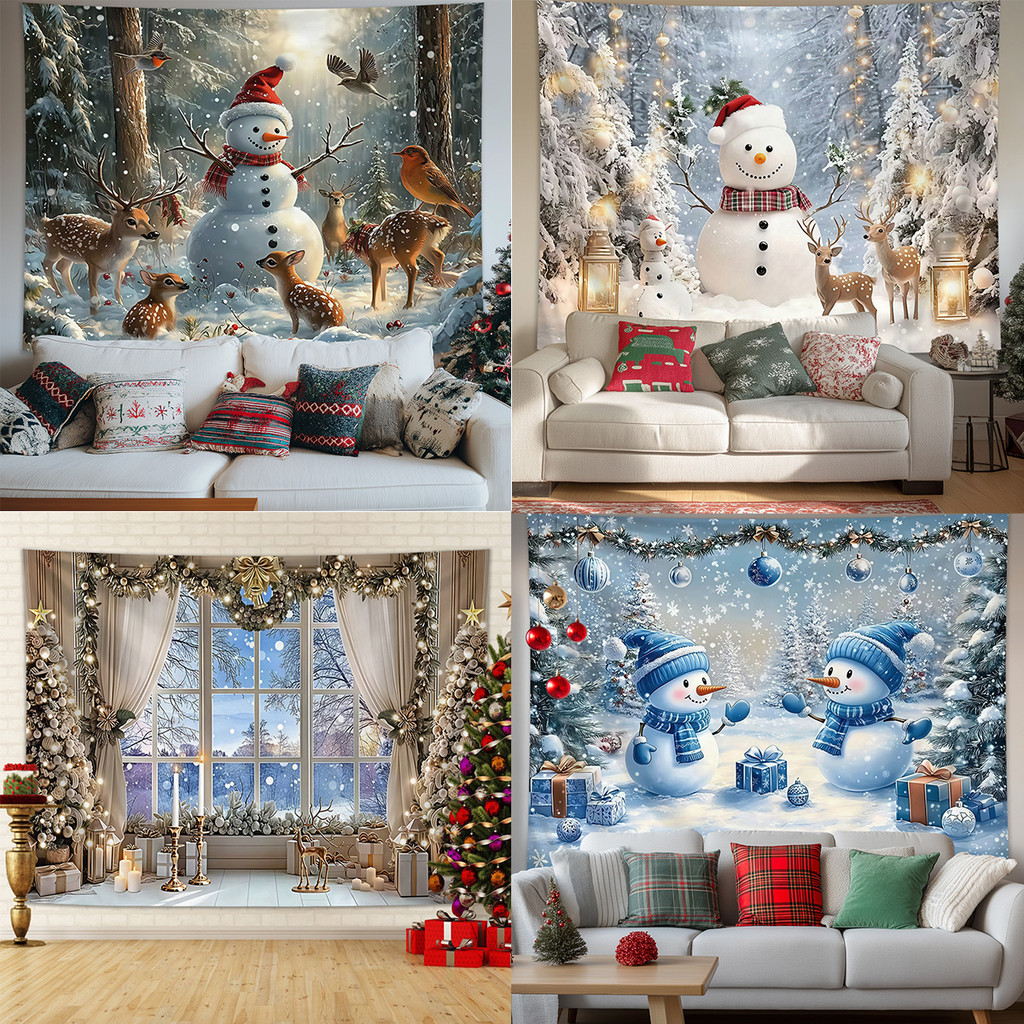 พรมคริสต์มาส Elk Snowscape พร้อมตุ๊กตาหิมะน่ารัก และพื้นหลังต้นคริสต์มาส