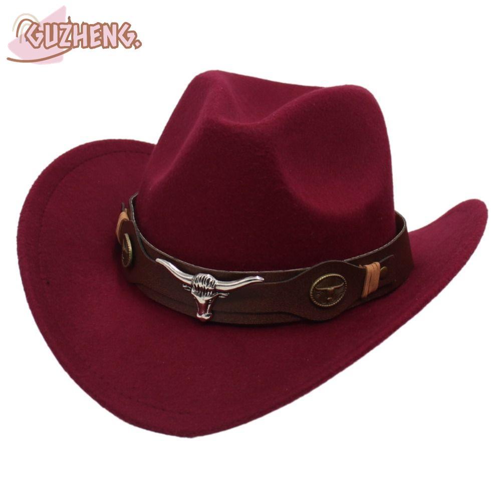 GUZHENG หมวกคาวบอยตะวันตก, Felt Ox Head อุปกรณ์เสริมสไตล์ทิเบตหมวกด้านบน, พร้อมวัว Band นุ่มสไตล์ชาติพันธุ์แจ๊ส Fedora หมวกผู้หญิง