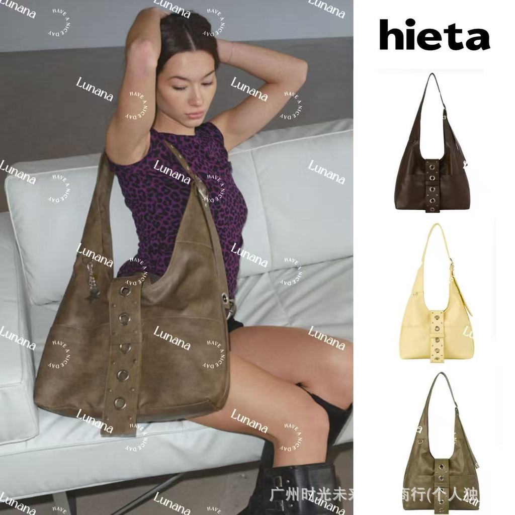 Hieta พังค์ Tote Bag ขนาดใหญ่ หัวเข็มขัดโลหะแนวทแยง ก้านrivet แบบเรโทร กระเป๋าสะพาย