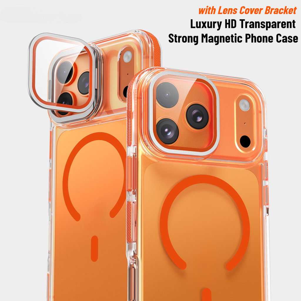 พร้อมเลนส์ฝาครอบกระจกวงเล็บหรูหรา ความละเอียดสูง ใสแม่เหล็กที่แข็งแกร่งเคสโทรศัพท์สําหรับ ไอโฟน 17 16 15 14 13 12 มือโปร สูงสุด กันฝุ่นกรอบกันลื่นโปร่งใสฮาร์ดกร