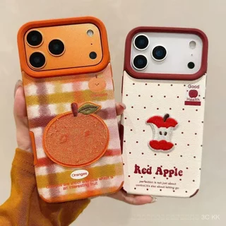 กันกระแทก iPhone ลายสก็อตและลายจุดกับแอปเปิ้ลและส้มปัก พร้อมสายคล้องมือ สำหรับ 17/16/15/14/13 Pro Max