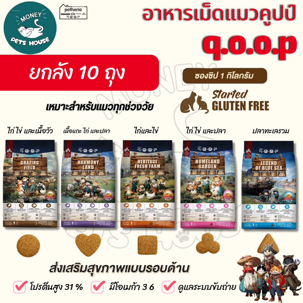 [ ยกลัง10ถุง รับฟรี Tester ]  อาหารแมวคูปป์ qoop By petheria กลูเต็นฟรี โปรตีน 31%  ไม่เค็ม  เกรดพรีเมียม