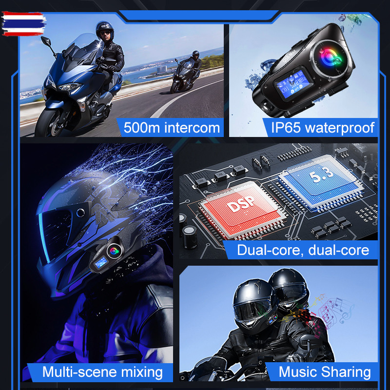 Q58-Max หมวกกันน็อคมอเตอร์ไซค์ชุดหูฟังลูทูธจอแสดงผล LCD พร้อมไฟฉาย2ผู้ขัขี่500M อินเตอร์โฟน