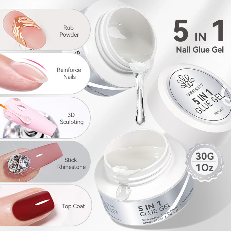 BORN PRETTY 30g 5 IN 1 กาวทาเล็บเจลเสริมแรง Rhinestone กาว 3D ดอกไม้ออกแบบเจลแกะสลักไม่มีเช็ด Top Coat เล็บ Art
