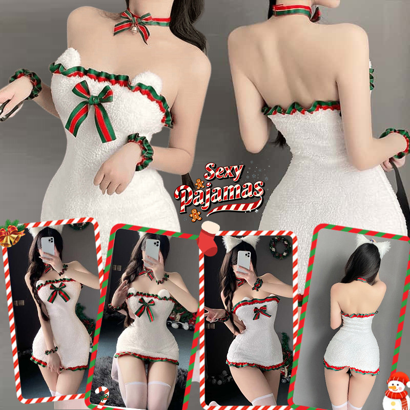 sexy pajamas🦌🦌สีขาว dress ชุดปีใหม่ ชุดคริสต์มาส ❄🎗 การประดับปมผีเสื้อ มีขน บรรยากาศคริสต์มาส ส่งไวจากไทย