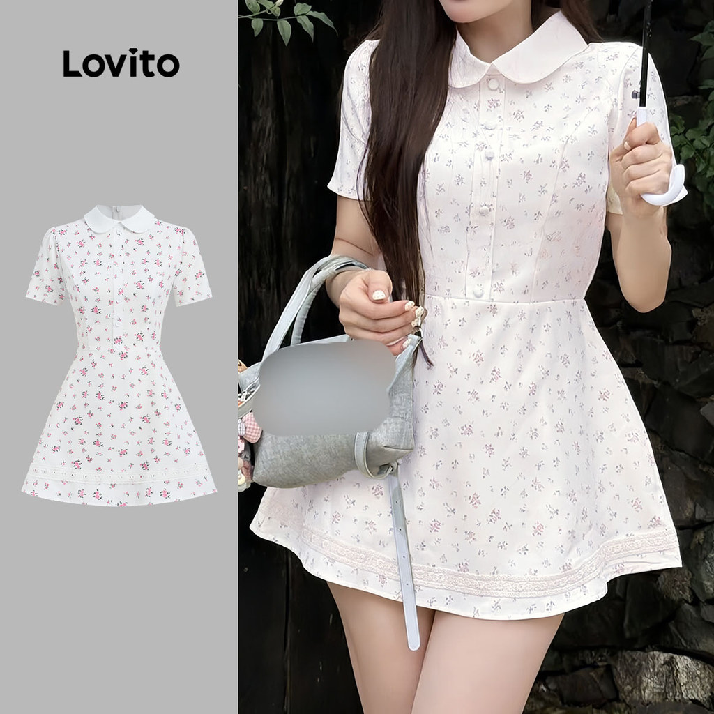 Lovito ชุดเดรสลูกไม้ลำลองสำหรับผู้หญิง สีขาวออฟไวท์ ฤดูใบไม้ผลิ/ฤดูร้อน L159AD013