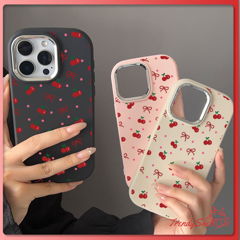 การ์ตูนเชอร์รี่สีแดงโบว์น่ารักชุบโลหะฝาครอบเลนส์ เคสไอโฟน 11 17 air 16 XS 12 14 13 15 16 Pro Max 16 7 Plus XR X SE เคส