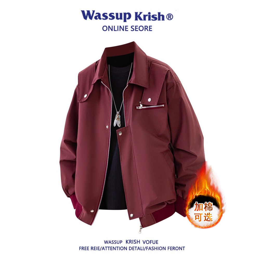 WASSUP KRISH Red Workwear เสื้อแจ็คเก็ตผู้ชาย แบบอเมริกันสำหรับฤดูใบไม้ร่วงปี 2025