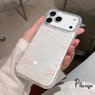 สำหรับ IPhone 13 17 16 Air 15 12 11 14 Pro Max XR X XS 7 8 14 15 6 Plus โรแมนติกสีชมพูโบว์ผูกปมผงซิลิโคนแวววาวฝาครอบใส