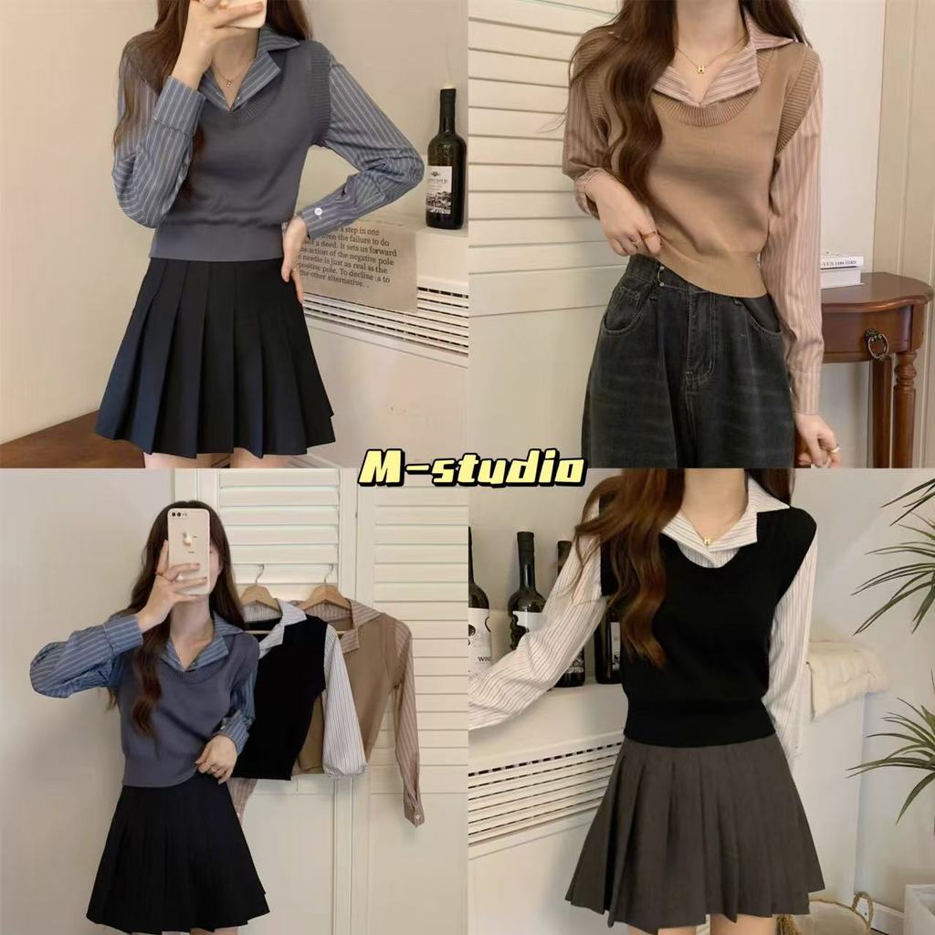 Maze*พร้อมส่ง*เสื้อเชิ้ตเกาหลีแต่งลายทางดีเทลเย็บตัดกับเสื้อกั๊ก งานสวยผ้านุ่มใส่สบาย(J153)