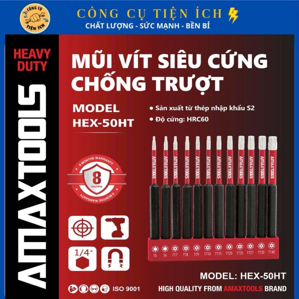 AMAXTOOLS HEX-50T ดอกสว่านสกรูกันลื่นแบบแข็งเป็นพิเศษ ชุดดอกสว่านหกเหลี่ยม 12 ชิ้น หัว Rosette เหล็ก
