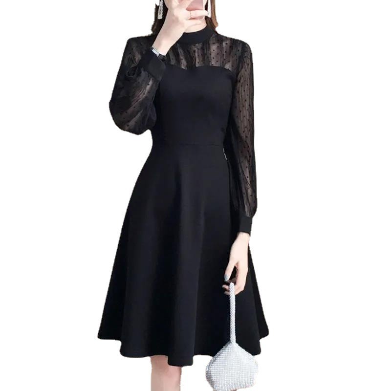Plus ขนาด S-4XL Elegant ชุดราตรีผู้หญิงแขนยาวลูกไม้สีดํา Midi ชุดสํานักงานดอกไม้ Baju Perempuan