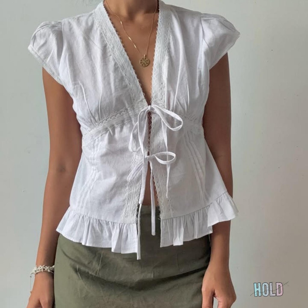 ท๗ปแขนสั้นผู้หญิง Tie-up ลูกไม้ Patchwork ทรงเพรียว สไตล์ STREETWEAR สำหรับฤดูร้อน